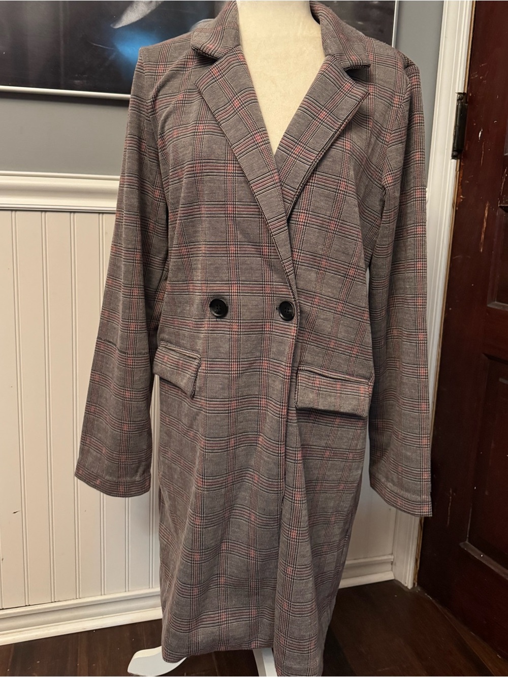 Philosophy Republic Plaid Double Breasted Long Coat Jacket Gray Red Size Medium